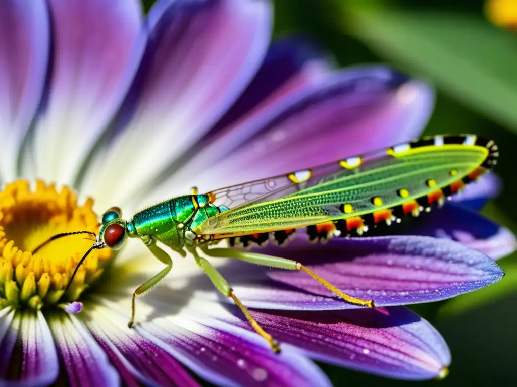 Un insecto verde en una flor vibrante muestra la belleza del manejo ecológico de plagas con feromonas artificiales