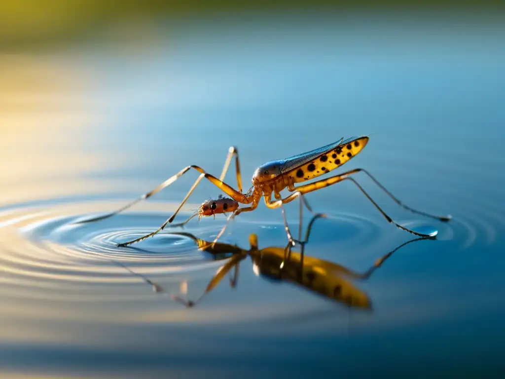 Un insecto zapatero de agua en un estanque tranquilo, mostrando sus adaptaciones acuáticas para la vida en ambientes húmedos