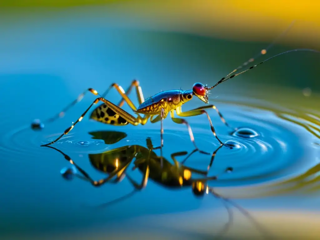 Fotografía submarina de insectos acuáticos: Detalle impresionante de un zapatero de agua sobre la tensión de la superficie de un estanque tranquilo, con la luz del sol creando un espectáculo visual deslumbrante