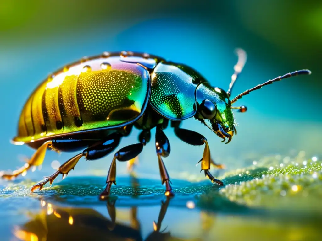 Fotografía submarina de insectos acuáticos: Detalle de un escarabajo acuático inmerso en agua cristalina, rodeado de burbujas y plantas acuáticas