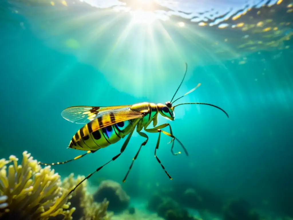 Fotografía submarina de insectos acuáticos en un vibrante mundo acuático lleno de color y detalles fascinantes bajo la luz del sol