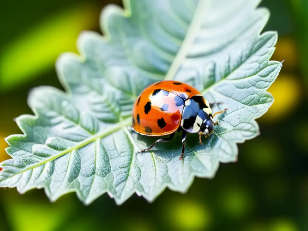 Insectos aliados en la industria sostenible: Detalle impresionante de una mariquita inspeccionando pulgones en una hoja de tomate, bajo la luz del sol