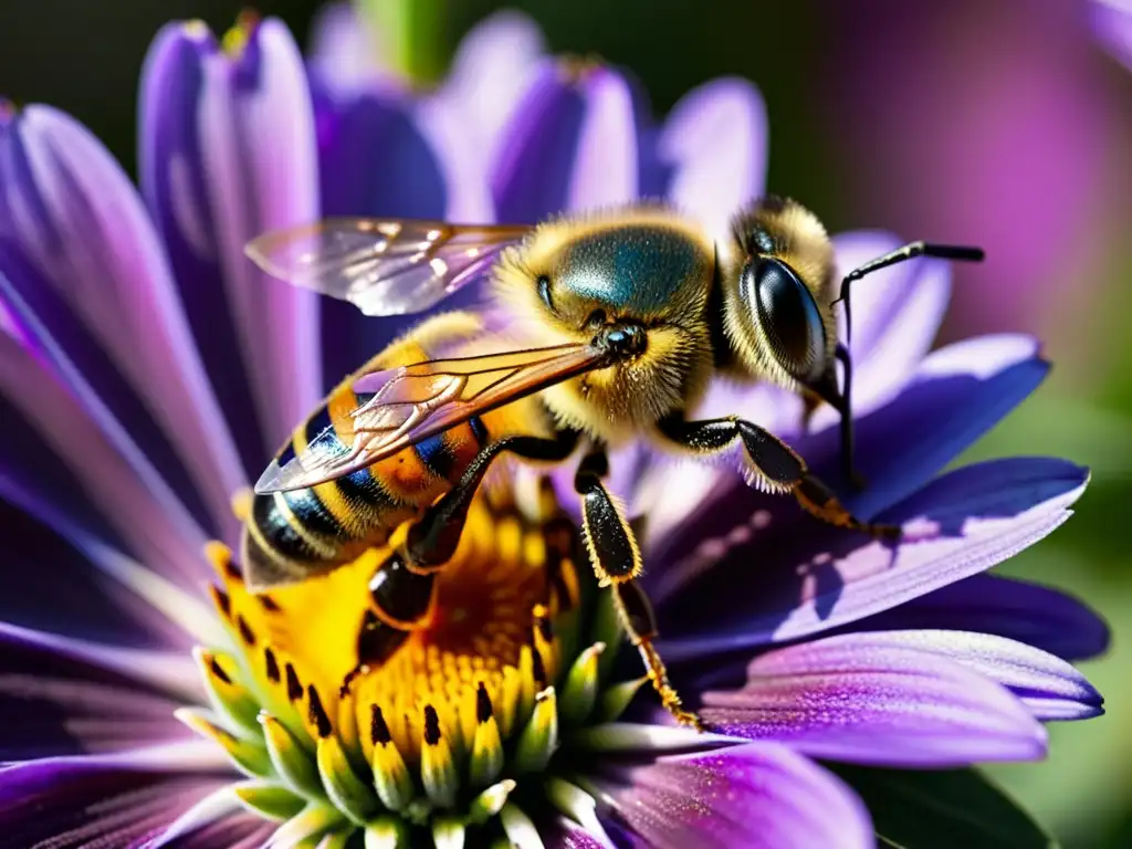 Insectos aliados industria sostenible: Detalle de una abeja recolectando néctar de una flor púrpura, con cada pelo y vena en foco, brillando al sol