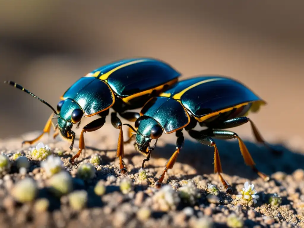 Reproducción de insectos en ambientes extremos: Escena detallada de escarabajos apareándose en una flor en un desierto árido y soleado