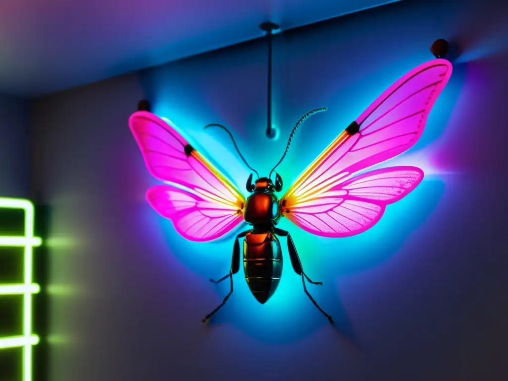 Insectos en el arte de luces: Fotografía detallada de instalación de neón con insectos vibrantes y coloridos en contraste con el fondo oscuro