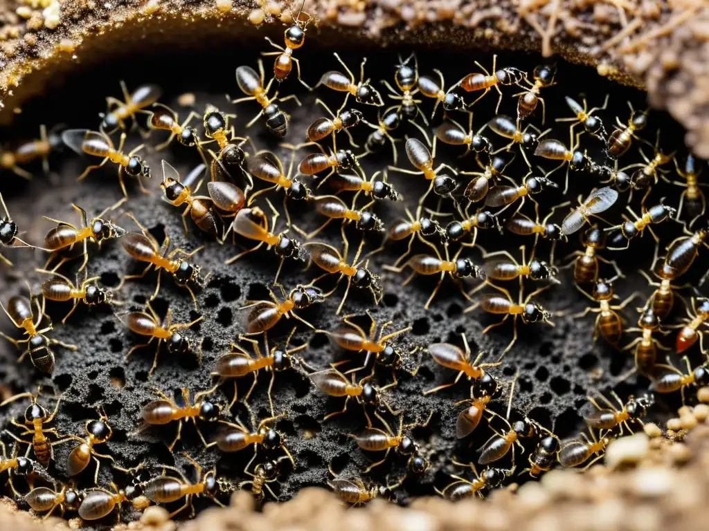 Insectos beneficiosos para suelos saludables: Una imagen detallada de una bulliciosa colonia de hormigas subterráneas, mostrando túneles y cámaras intrincados, con las hormigas transportando y clasificando diminutas piezas de materia orgánica y partículas de suelo