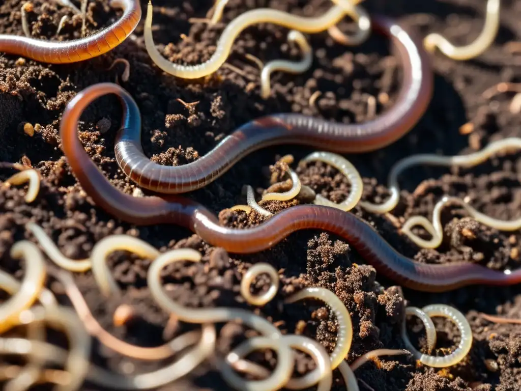 Insectos beneficiosos para suelos saludables: Detalle asombroso de lombrices moviéndose en la tierra, resaltando la relación simbiótica con el suelo