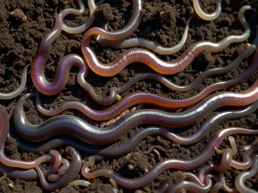 Insectos beneficiosos para suelos saludables: detallada imagen de lombrices en tierra rica y oscura, generando nutrientes con su movimiento