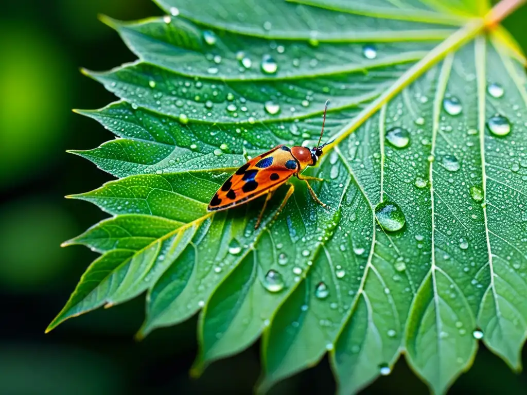 Fotografía de insectos cambio climático: Detalle de una hoja verde con rocío y un insecto iridiscente