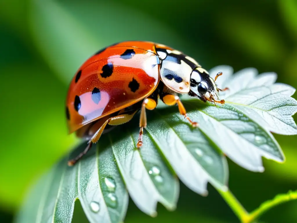 Fotografía de insectos para ciencia ciudadana: Detalle fascinante de una mariquita roja en una hoja verde con gotas de agua y luz suave