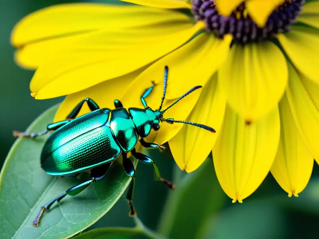 Una fotografía de insectos para ciencia ciudadana: un escarabajo metálico verde posado en un pétalo amarillo vibrante, mostrando cada detalle