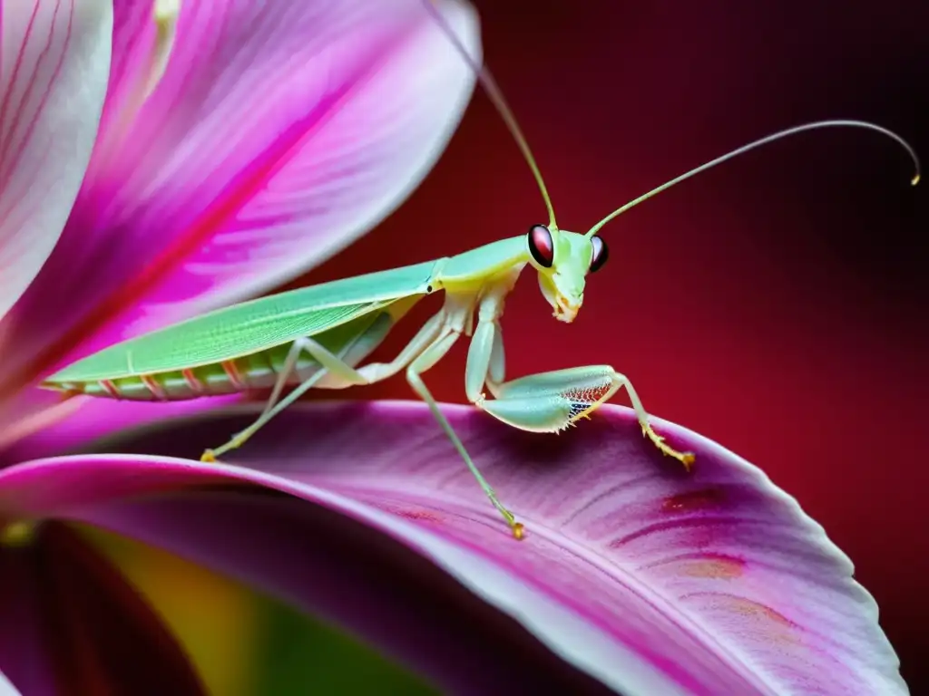 Fotografía de insectos para coleccionistas: Detallada imagen de una mantis orquídea en una flor rosa