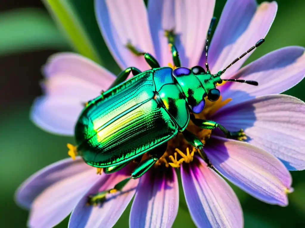 Fotografía de insectos para coleccionistas: Detalle de un escarabajo metálico verde sobre una flor morada, mostrando su belleza única