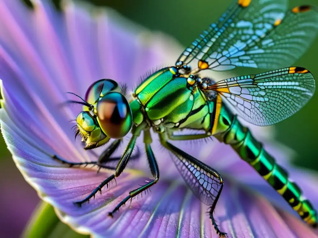 Una fotografía de insectos para coleccionistas: Detalle de una libélula verde vibrante posada en un pétalo de flor morada