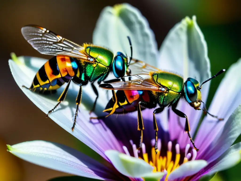 Dos insectos coloridos en ritual de apareamiento sobre una flor vibrante