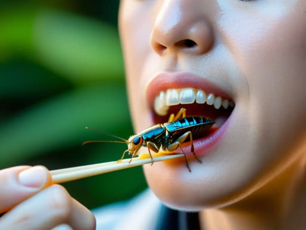 Degustación de insectos comestibles: la delicada experiencia de saborear un insecto cocinado, capturando texturas e emociones