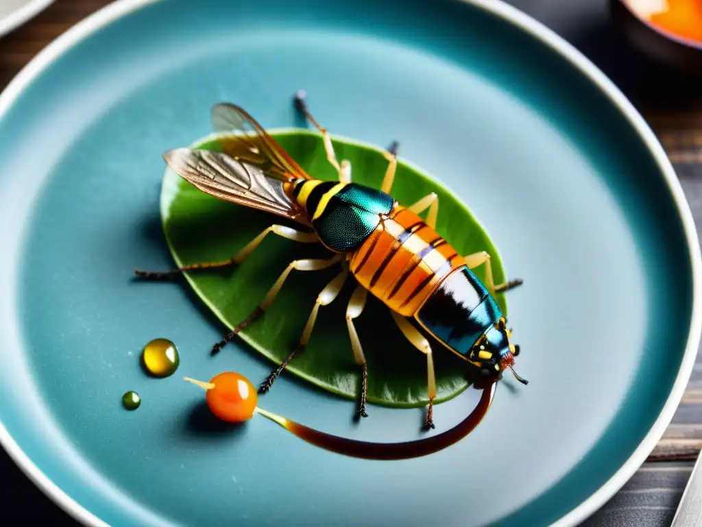 Insectos comestibles en gastronomía internacional: Exquisito plato gourmet con ingredientes vibrantes y sofisticada presentación