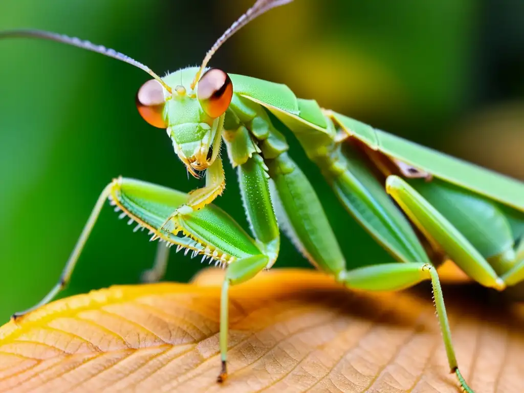 Una fotografía de insectos contemporánea muestra una mantis religiosa verde sobre una hoja