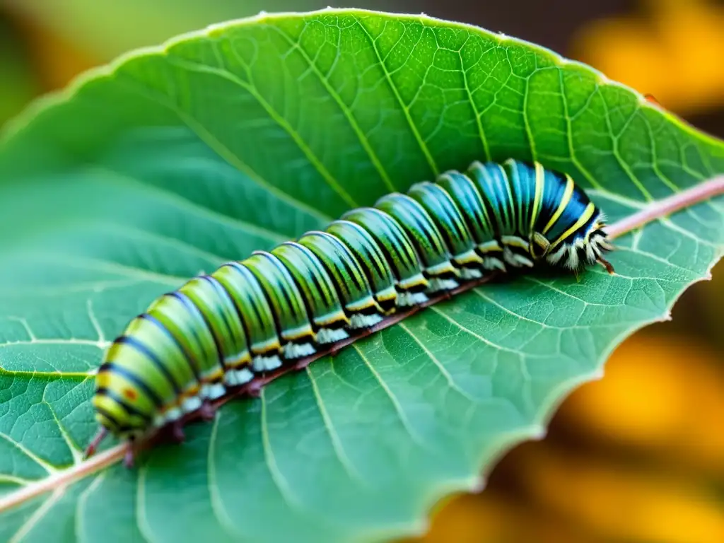 Evolución de los insectos en ecosistemas: Detalle de una oruga devorando una hoja en un entorno natural, con colores vibrantes y texturas detalladas