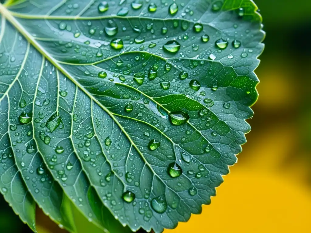 Insectos fertilizadores en ecosistemas: Una hoja verde vibrante cubierta de gotas de agua, mostrando un mundo en miniatura en la superficie