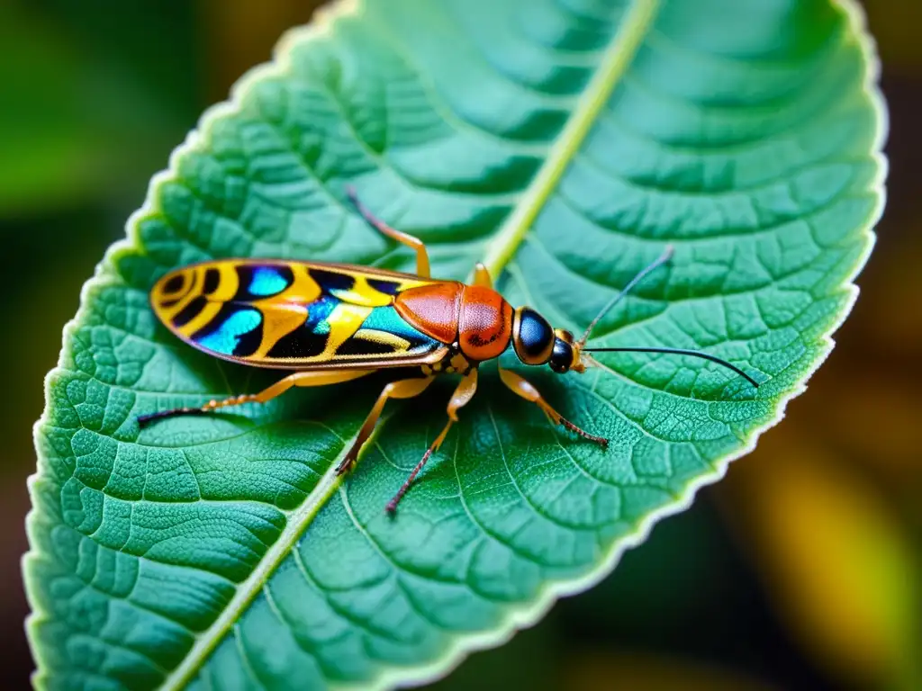 Insectos como fuente de alimento: Detalle de insectos comestibles en una hoja verde, resaltando sus texturas y colores vibrantes