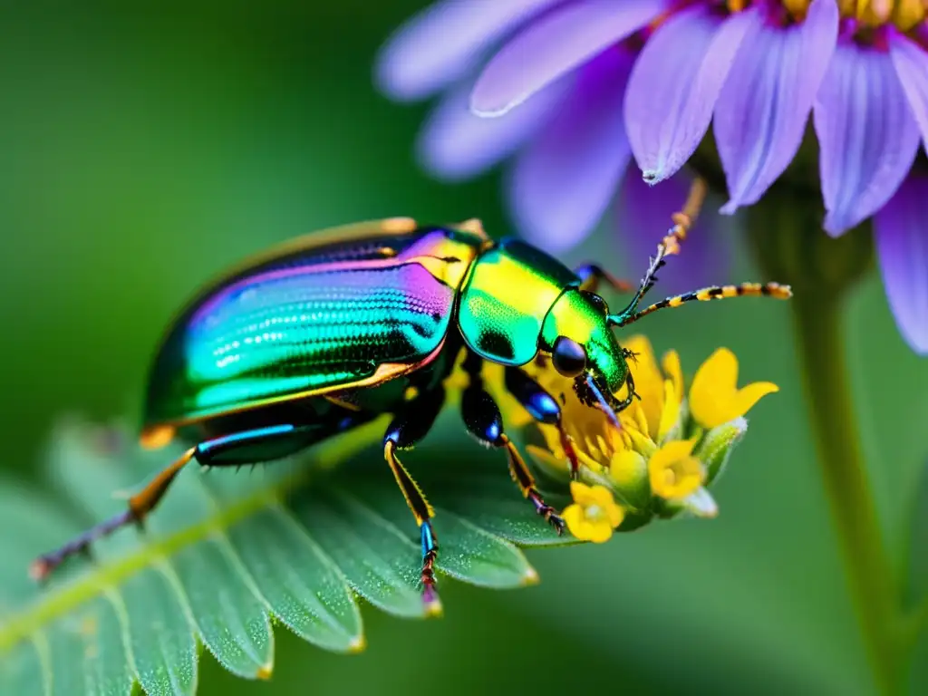 Fotografía para conservación de insectos: Increíble macro de un escarabajo iridiscente sobre una flor morada