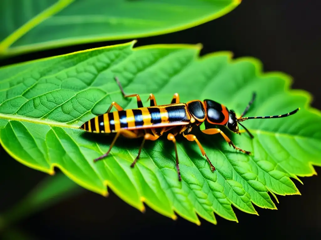 Insectos invasores detallados en hojas verdes, destaca contraste y riesgo del cambio climático en ecosistema