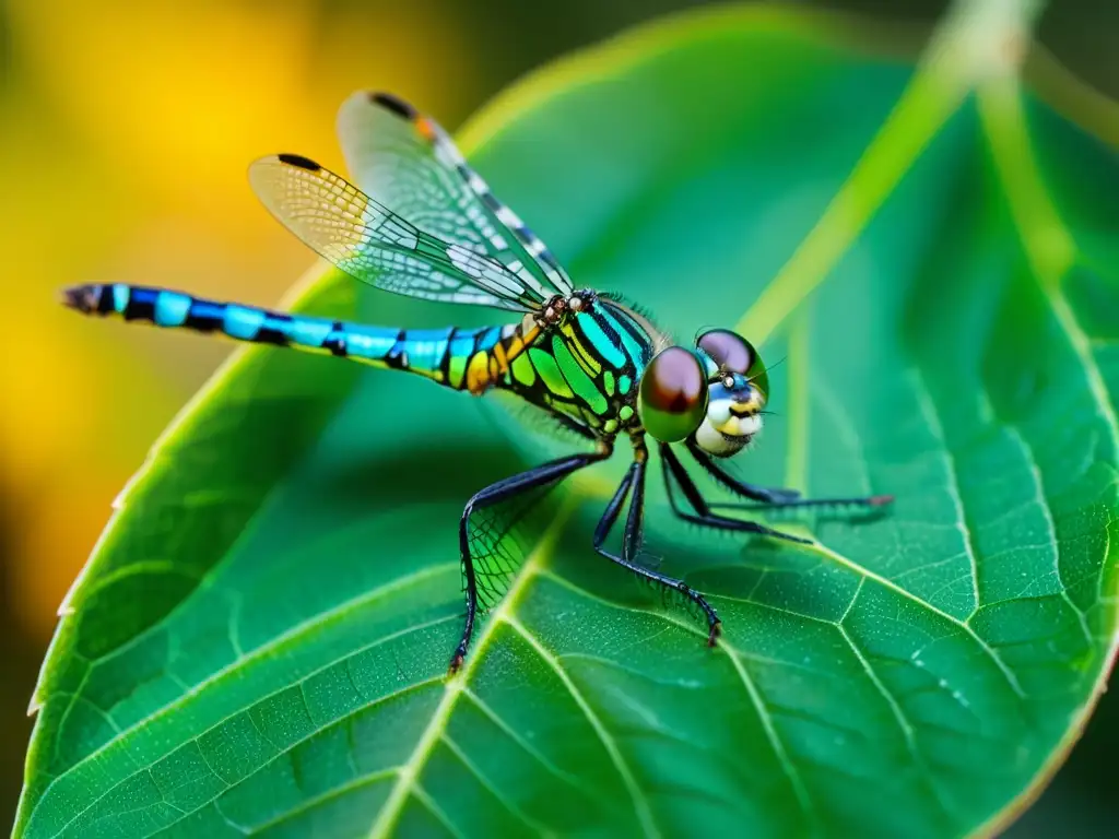 Innovación biomimética en insectos: una libélula posada en una hoja verde, con sus alas iridiscentes y ojos multifacéticos, bajo la luz del sol