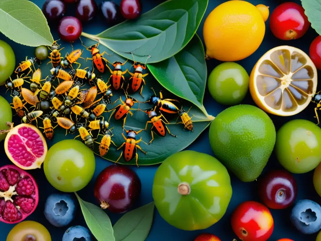 Insectos omnívoros disfrutando de variada dieta en su hábitat natural: frutas caídas, plantas en descomposición y pequeños insectos