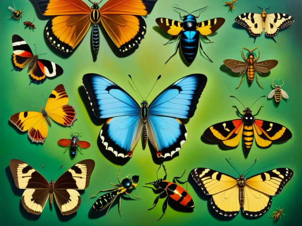 Representación de insectos en pintura clásica, detallada y vibrante, con colores e intrincados detalles que crean una experiencia visual cautivadora