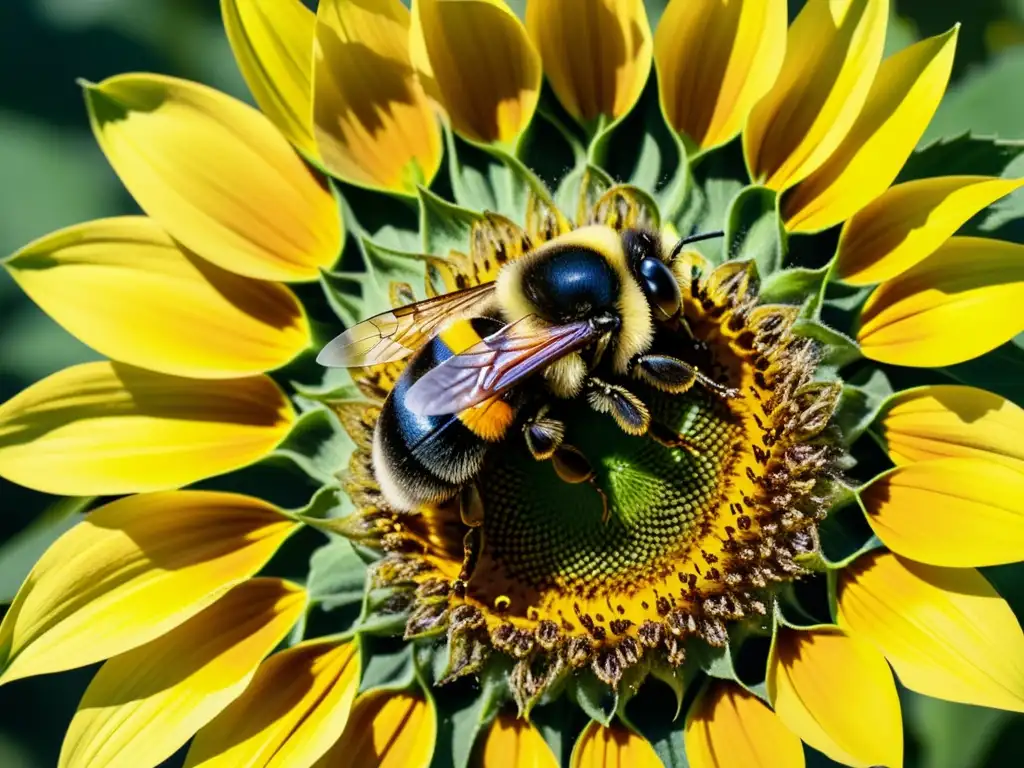 Una representación clásica de insectos en una pintura detallada de un abejorro descansando en un girasol en flor