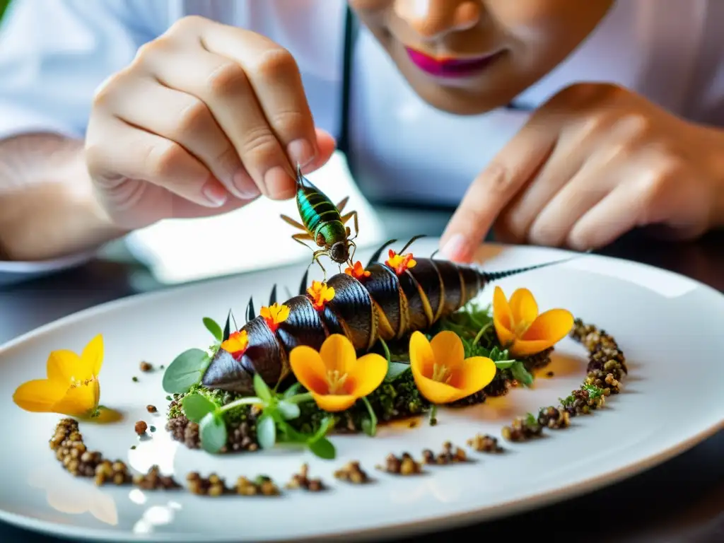 Cocinando con insectos en gastronomía: Chef delicadamente coloca plato gourmet de insectos y flores comestibles en plato blanco moderno