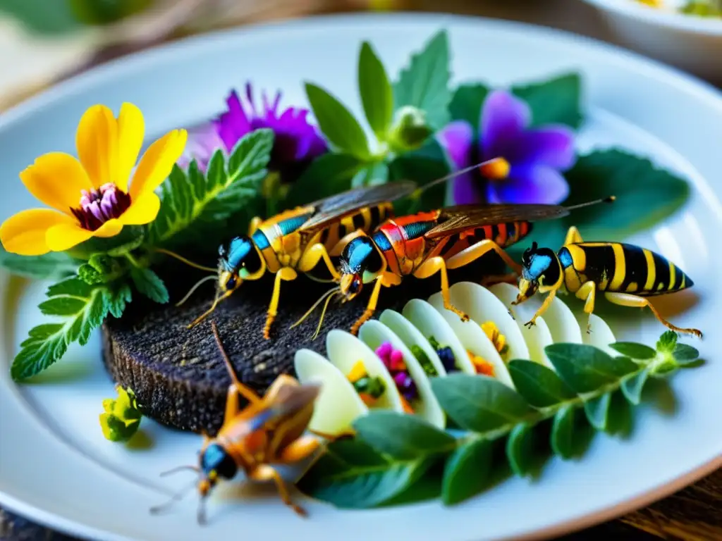 Cocinando con insectos en gastronomía: Plato de insectos comestibles coloridos y artísticamente dispuestos con hierbas y flores comestibles