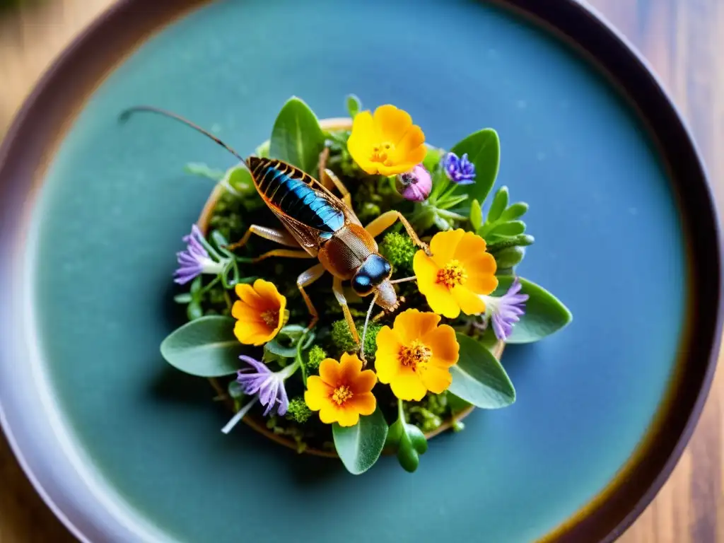 Insectos en la gastronomía: Plato de insectos comestibles con flores y microgreens, presentado de forma exquisita y apetitosa