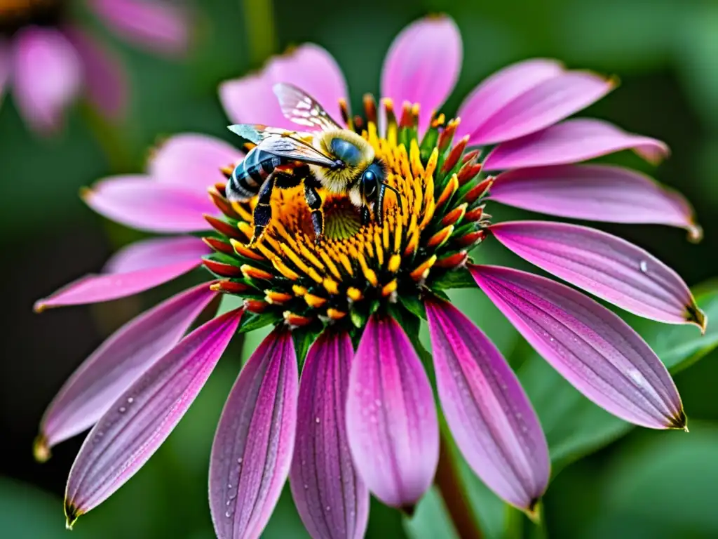 Insectos polinizadores en peligro: Una coneflower morada reluciente con rocío matutino y una abeja recolectando polen, en asombrosa resolución 8k