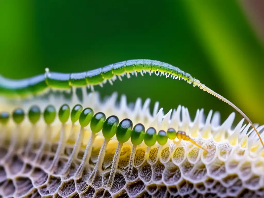 Insectos alimentándose de las raíces en un ecosistema vibrante, creando una escena etérea y fascinante