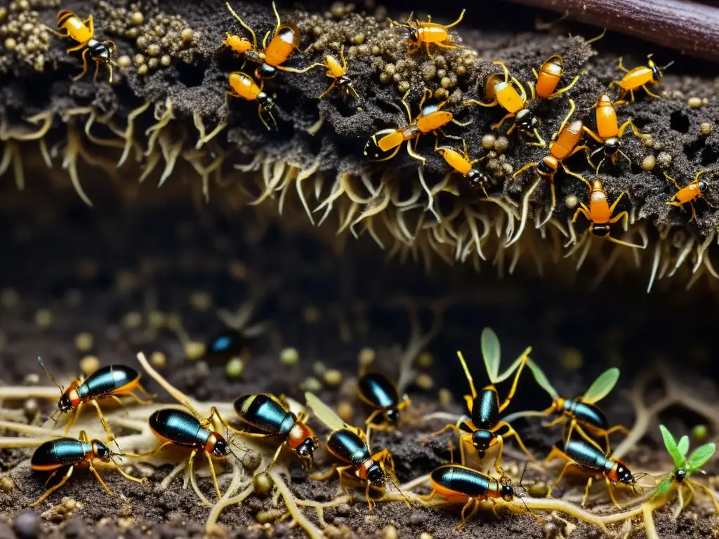 Insectos alimentándose de raíces en un intrincado ecosistema subterráneo, con detalles vívidos de insectos y raíces entrelazadas