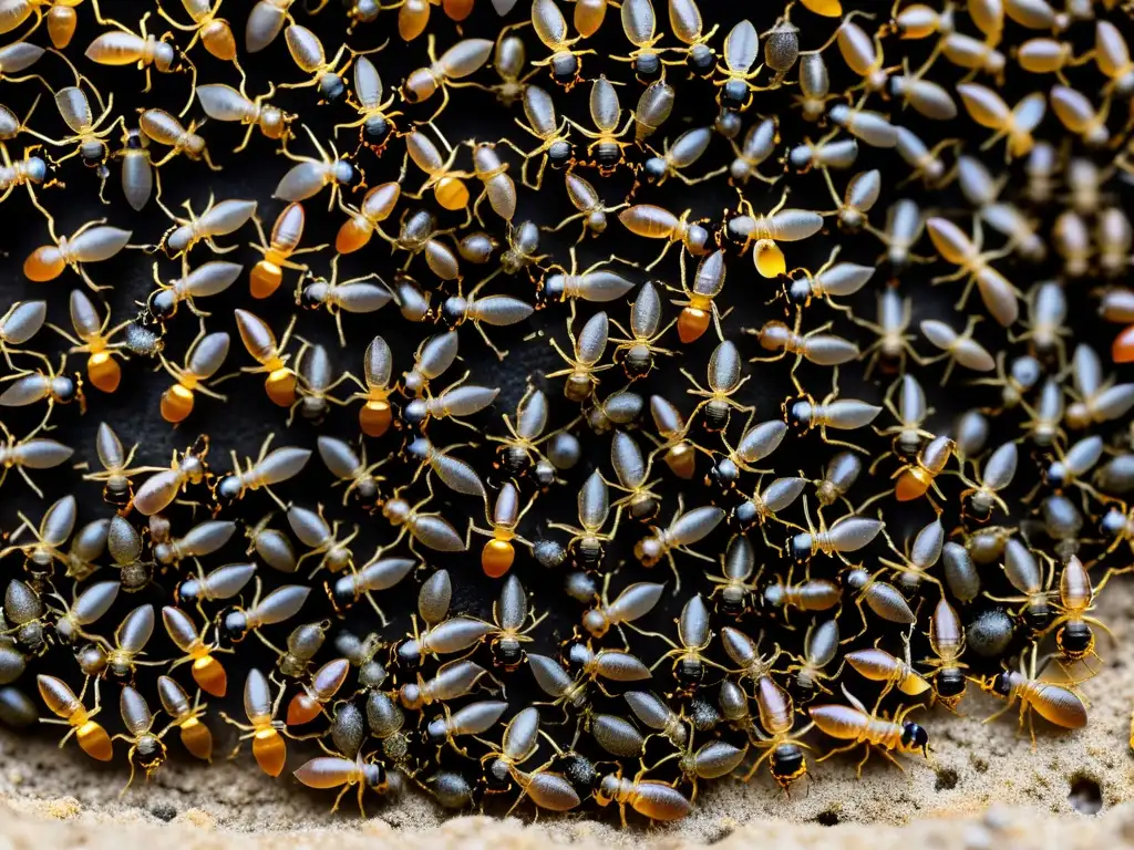 Insectos sociales cambio climático: Hormigas obreras trabajando en una bulliciosa colonia, con túneles y cámaras en una red caótica y organizada