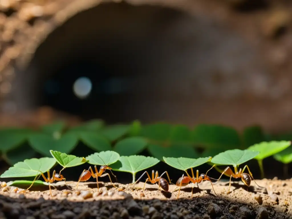 Insectos sociales en su hábitat subterráneo, transportando hojas verdes con meticulosidad bajo la cálida luz del sol