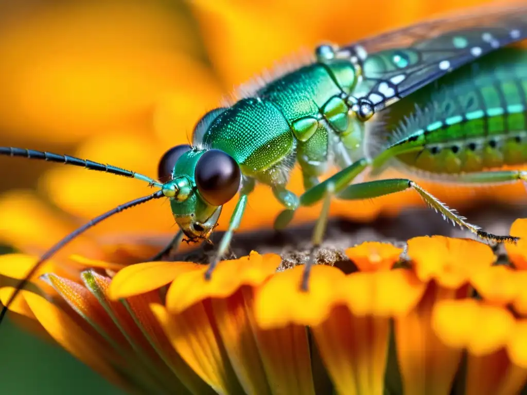 Atraer insectos útiles en espacios pequeños: Detalle en alta resolución de un vibrante lacewing sobre una flor de caléndula naranja