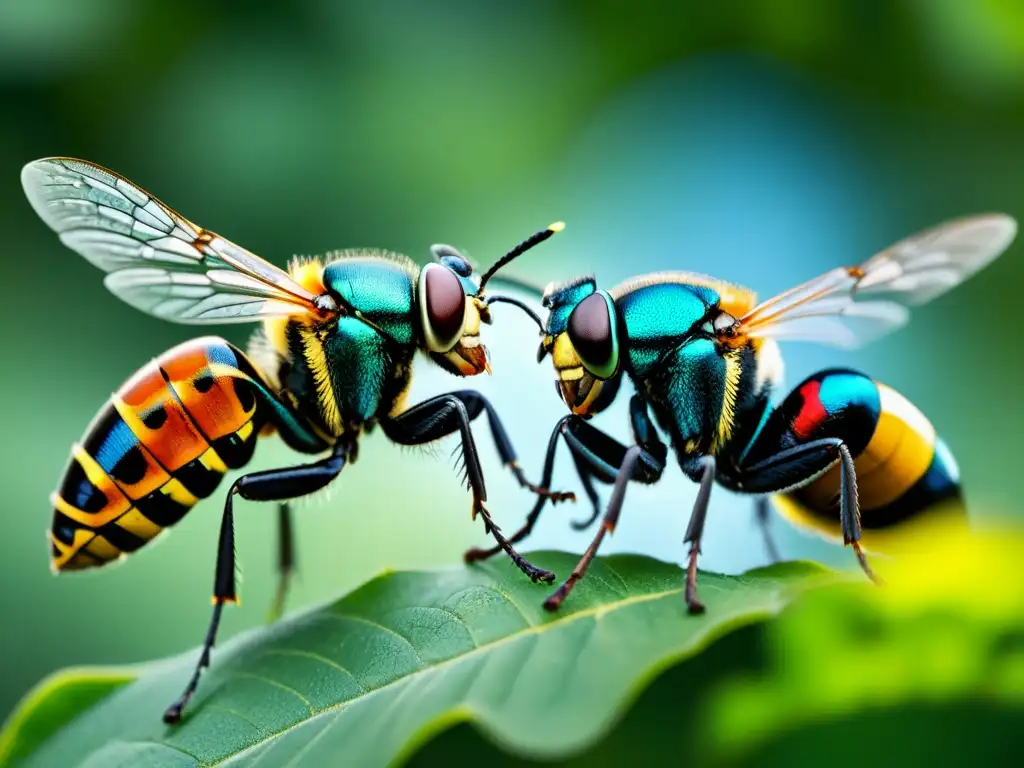 Dos insectos voladores comunicándose durante el vuelo, con sus antenas y alas claramente visibles