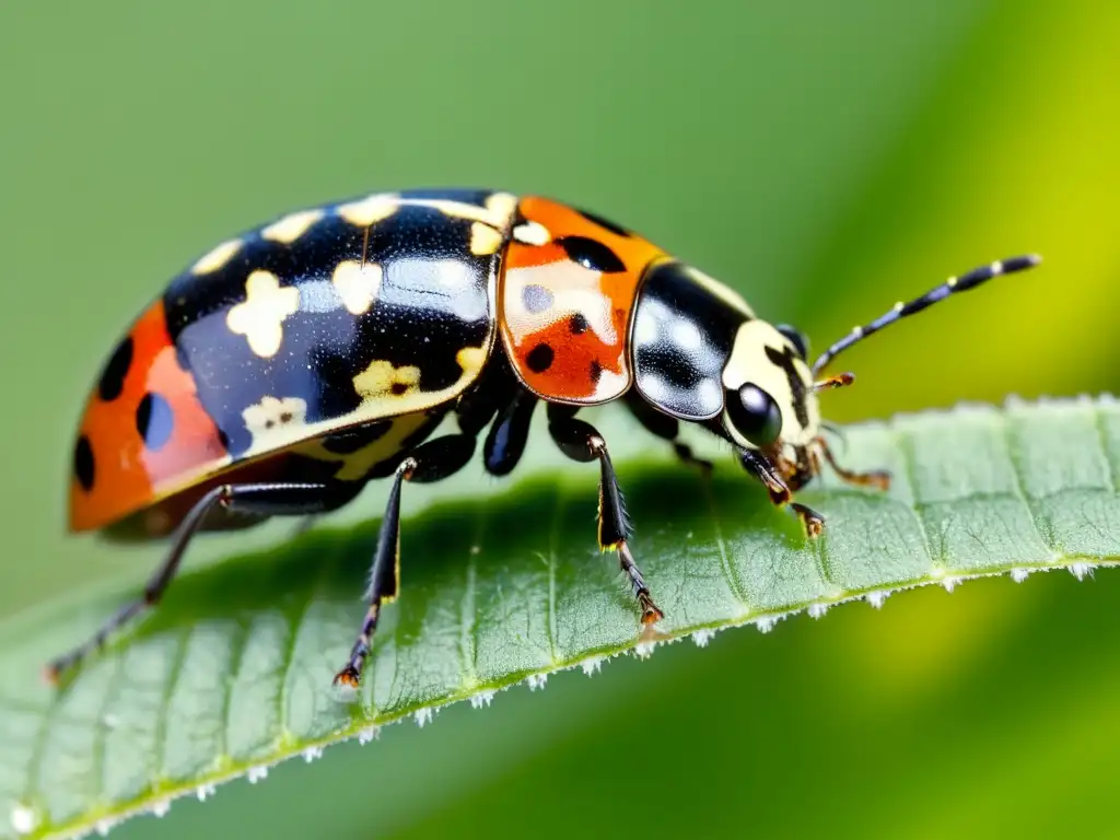 Intensa interacción entre larva de mariquita y pulgón, con el parasitismo y depredación entre insectos claramente visibles en primer plano