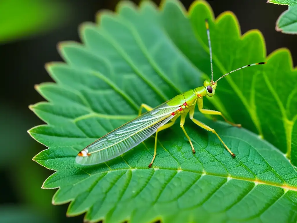 Una intrigante escena macro de un insecto verde cazando astutamente entre hojas verdes