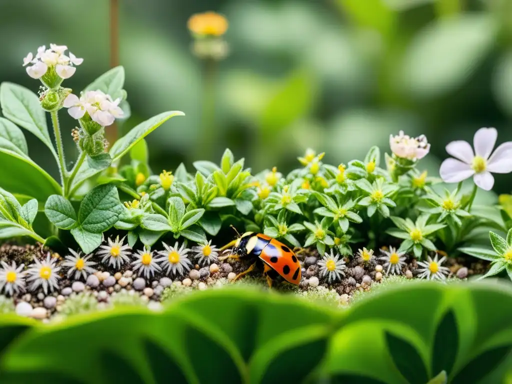 Un jardín exuberante rebosante de vida, con plantas e insectos en una sinergia natural, bañado por la cálida luz del sol