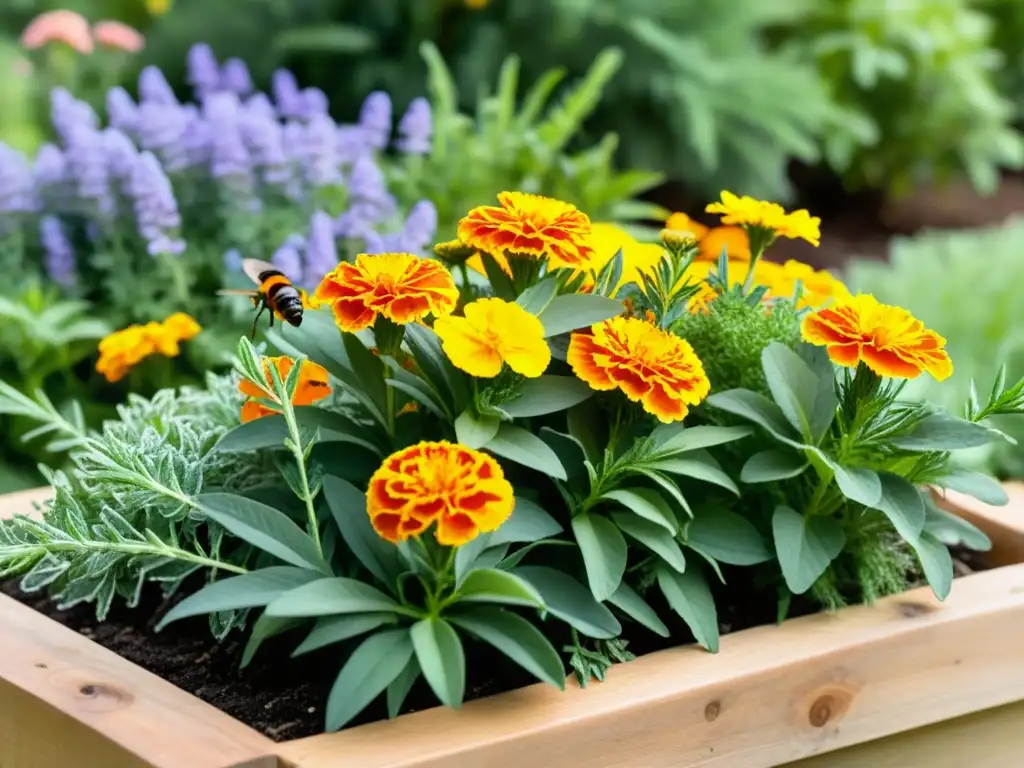 Un jardín exuberante y vibrante con plantas repelentes de insectos para jardinería