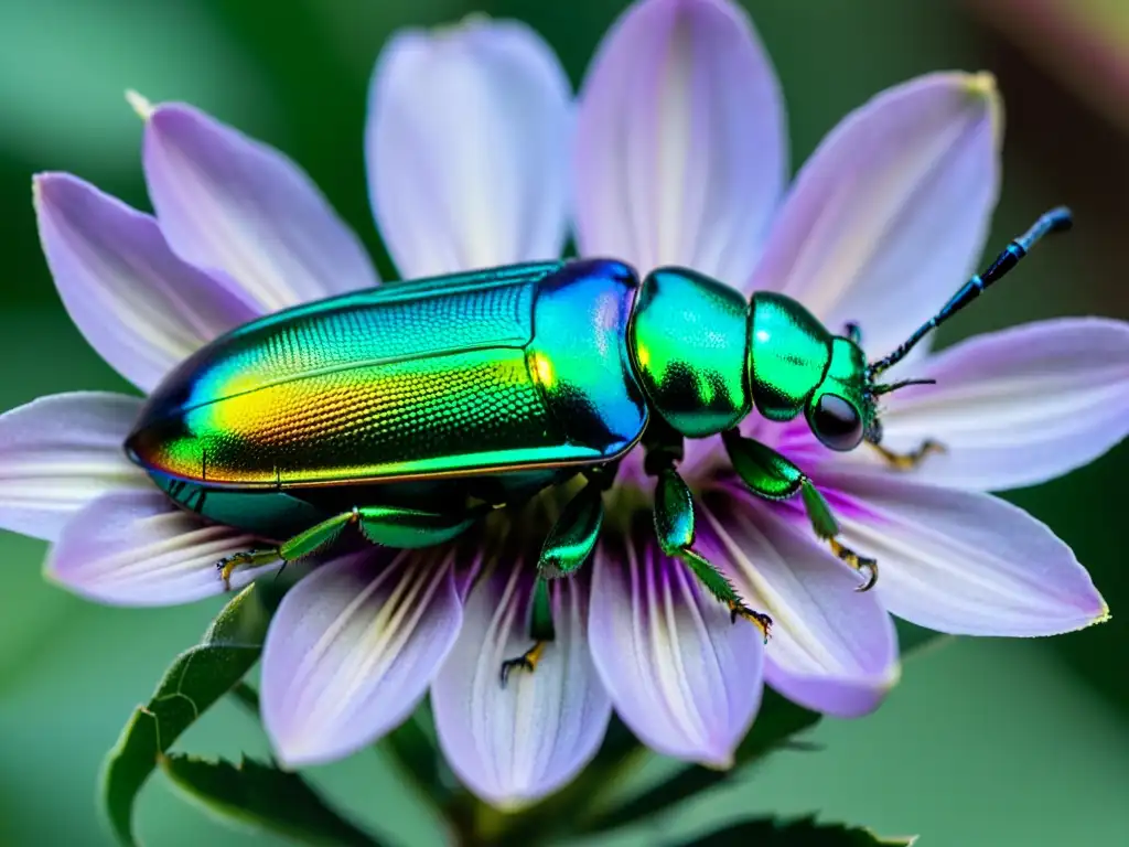 Una joya de la naturaleza: escarabajo metálico verde sobre flor púrpura