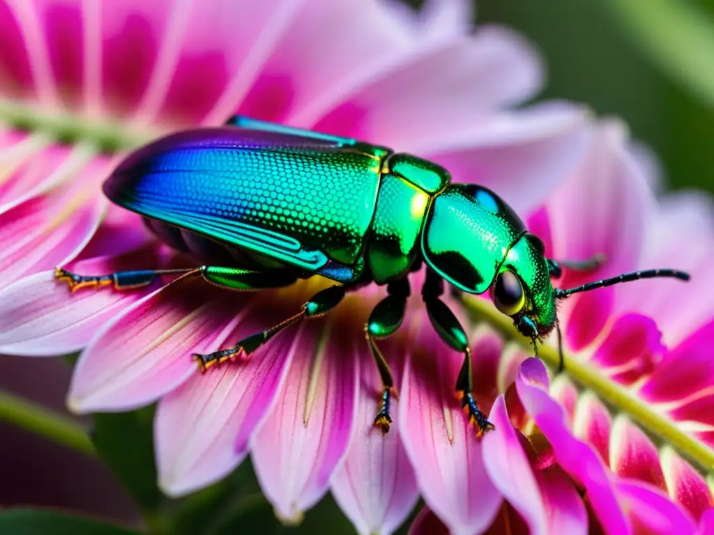 Una joya de la naturaleza: un escarabajo metálico verde se aferra a un pétalo rosa, desplegando sus alas iridiscentes