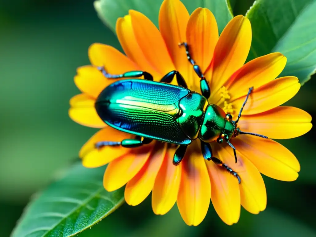 Una joya de la naturaleza: escarabajo metálico verde sobre una flor naranja, destacando patrones iridiscentes