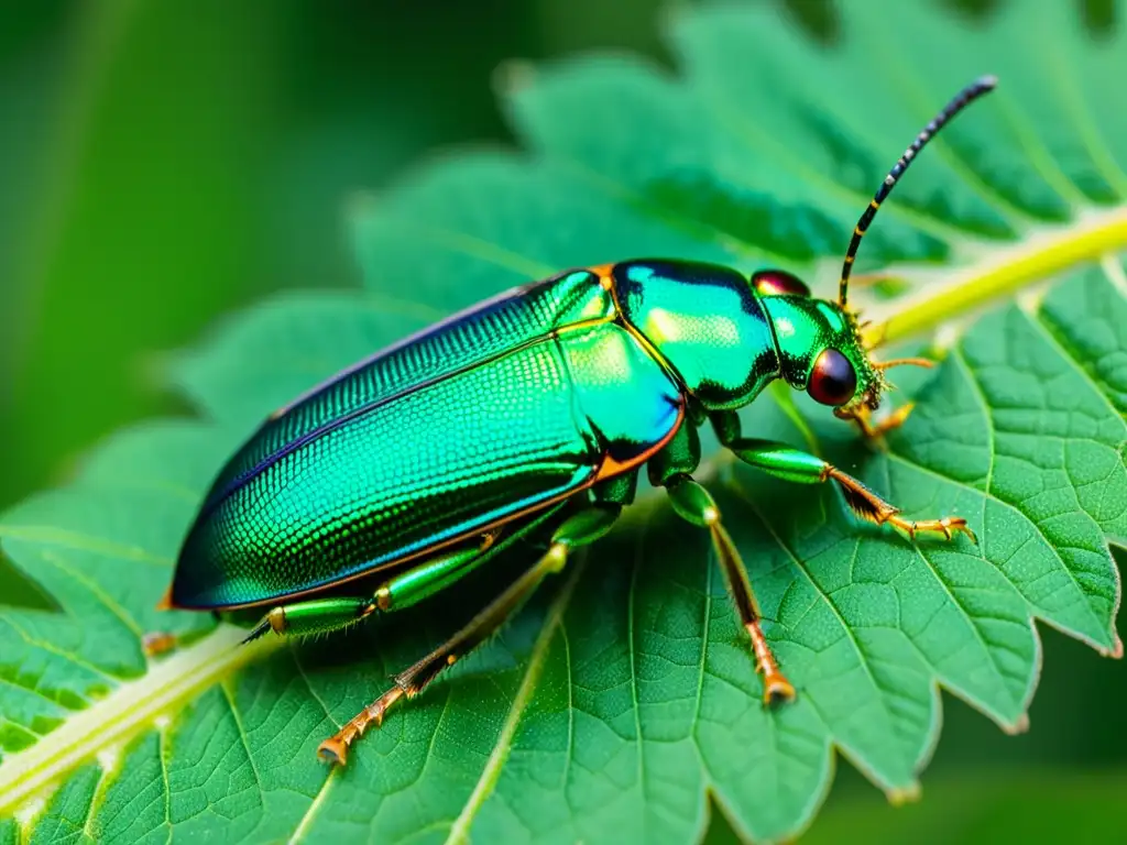 Una joya de la naturaleza: escarabajo joya verde metálico en hoja