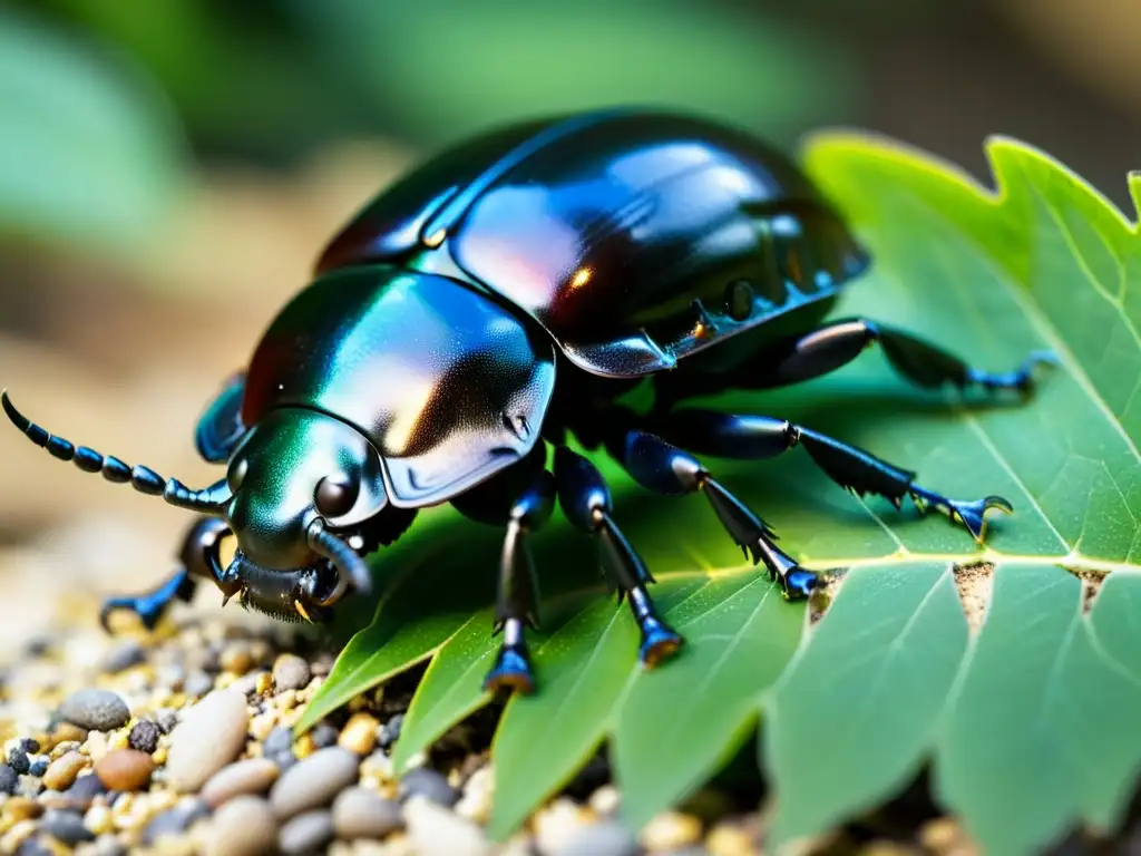 Un kabutomushi japonés se arrastra en una hoja verde vibrante en un jardín japonés, mostrando su exoesqueleto iridiscente